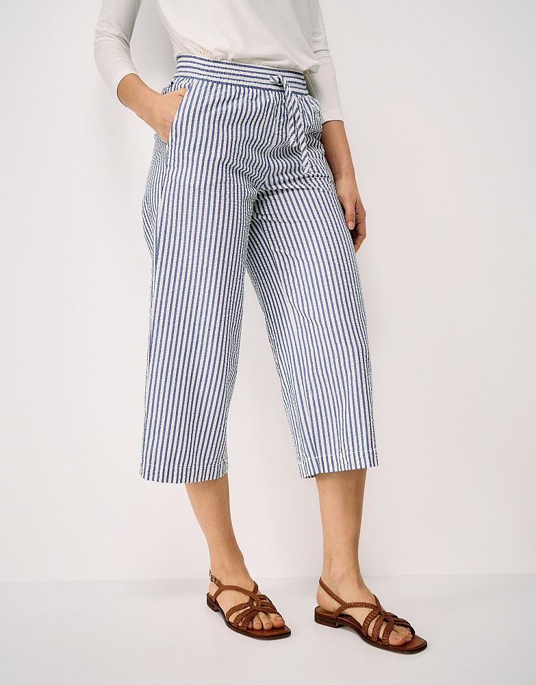 Women's Seersucker Wide Leg Cotton Trousers in White and Blue