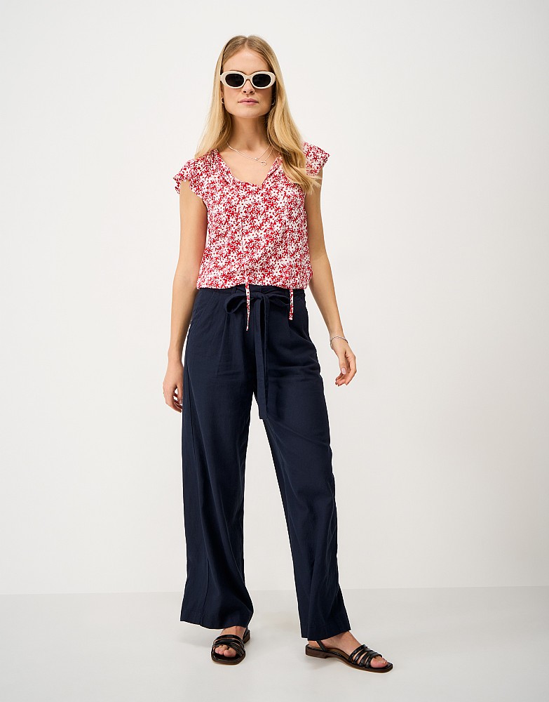 Wide Leg Linen Blend Trouser with Tie Detail in Navy
