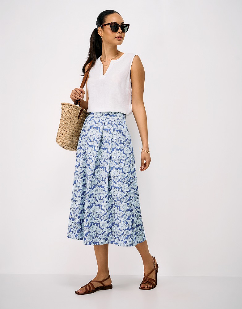 Gabby Cotton Midi Skirt in Blue Daisy Print