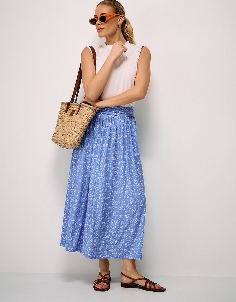 Alba Jersey Midi Skirt in Blue and White Floral