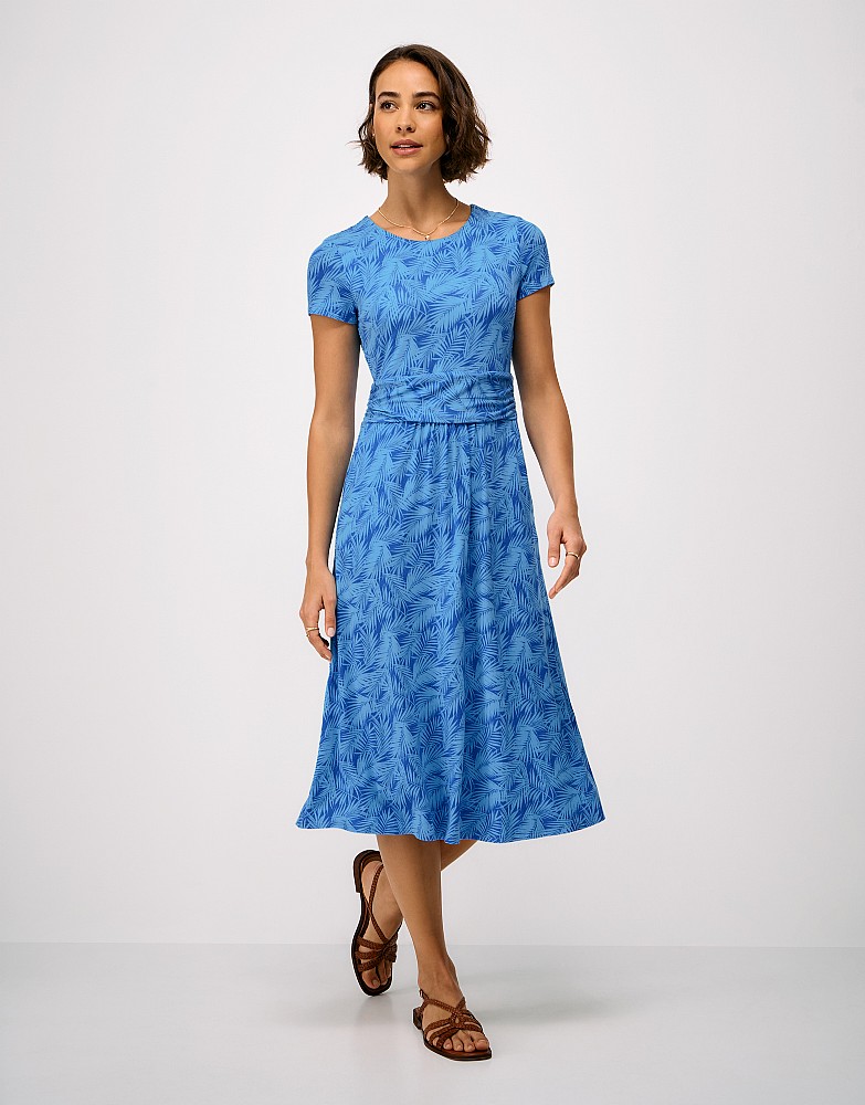 Lucy Short Sleeve Jersey Midi Dress in Blue Palm Print