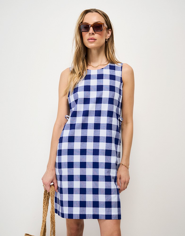 Charlotte Linen-Blend Shift Dress in Blue & White Gingham