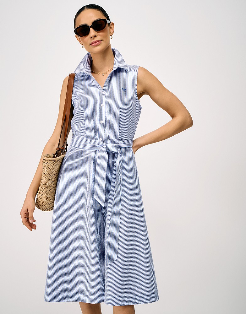 Dara Sleeveless Shirt Dress in Blue and White Stripes