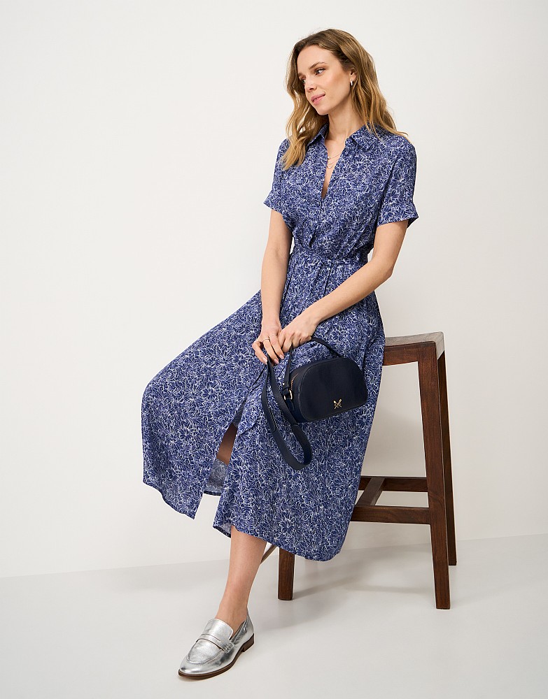 Short Sleeve Shirt Dress in Navy Hibiscus
