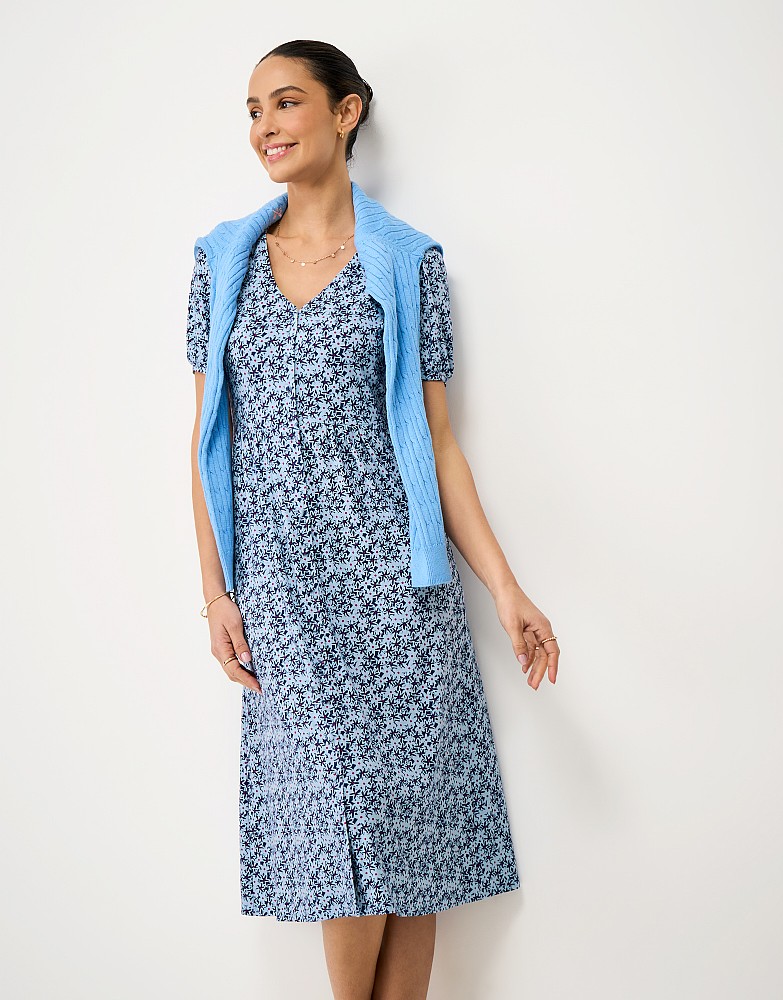 Kiki Button-Through Jersey Dress in Blue Daisy Print