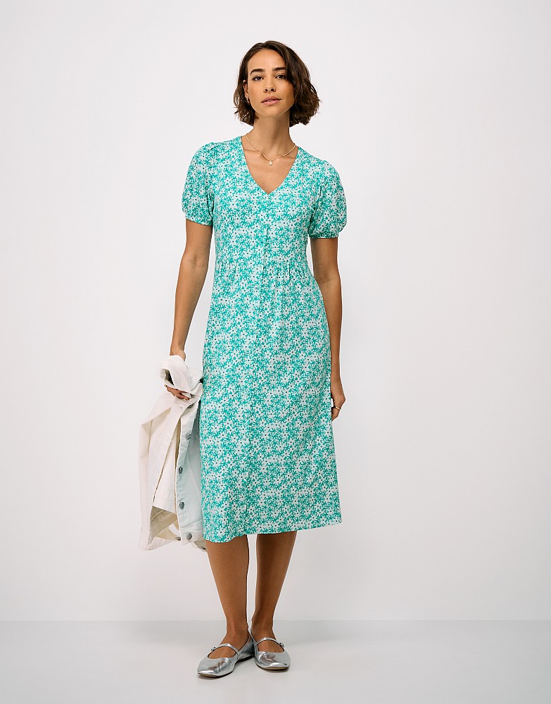 Kiki Button Jersey Dress in Teal Daisy Print