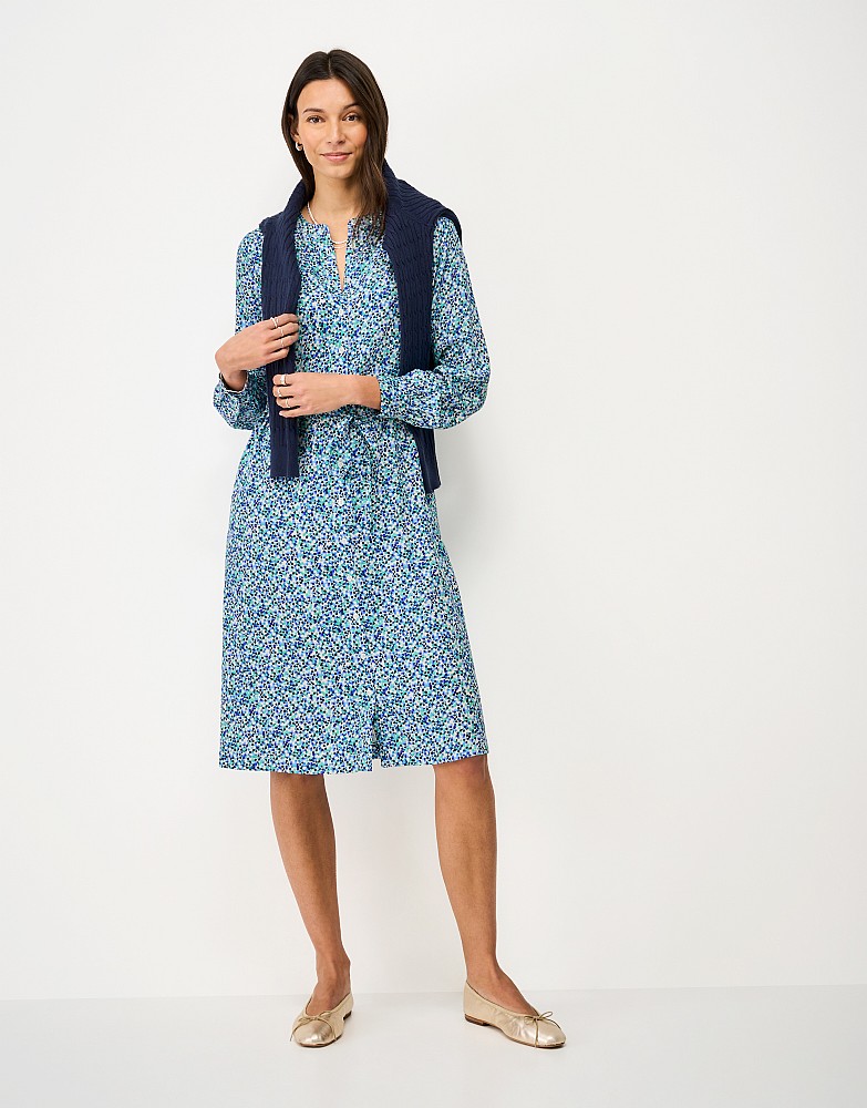 Flora Long-Sleeve Twist-Front Dress in Deep Blue Floral Print