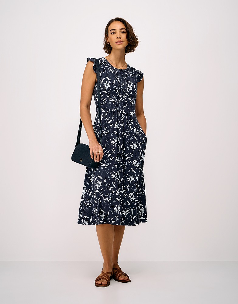 Lydia Frill Sleeve Jersey Dress in Navy and White Floral