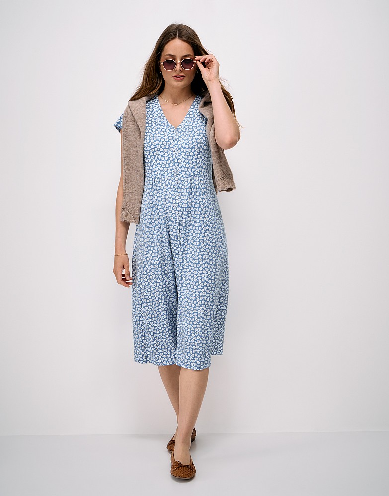 Alyssia Button Through Floral Jersey Dress in Blue