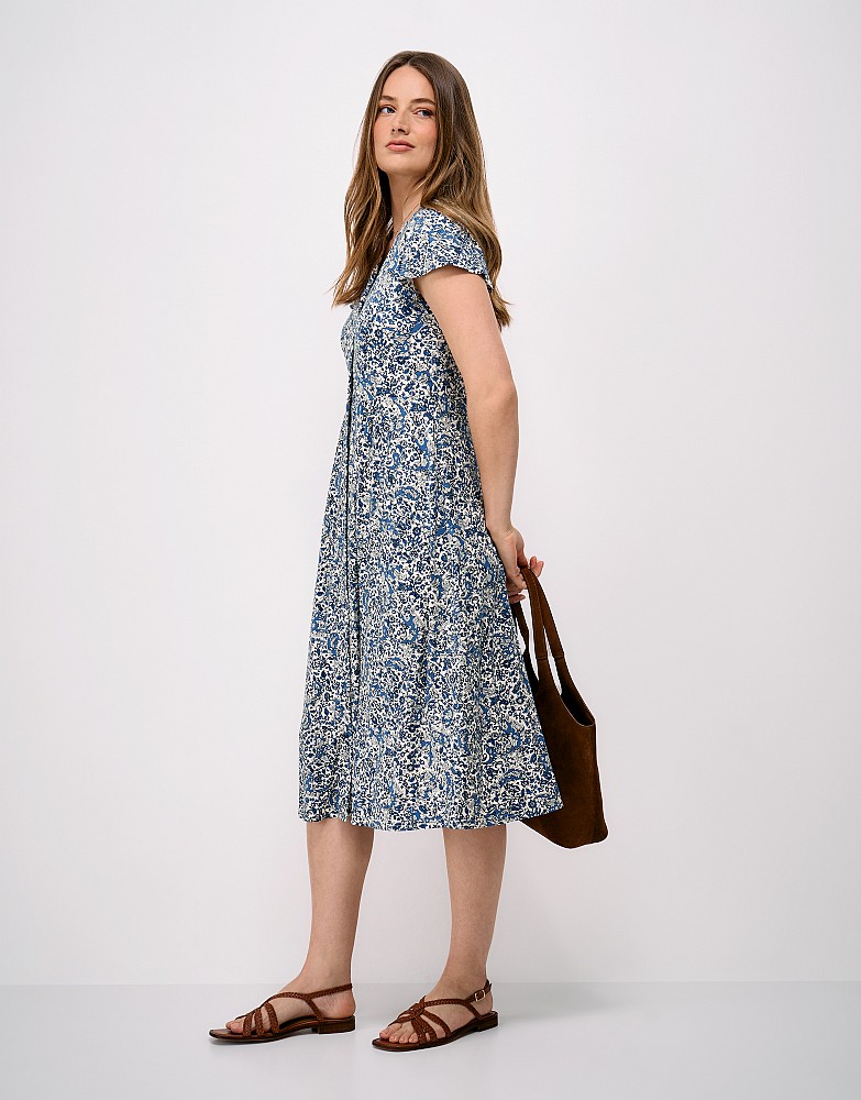 Alyssia Button Through Jersey Dress in Paisley Blue Print