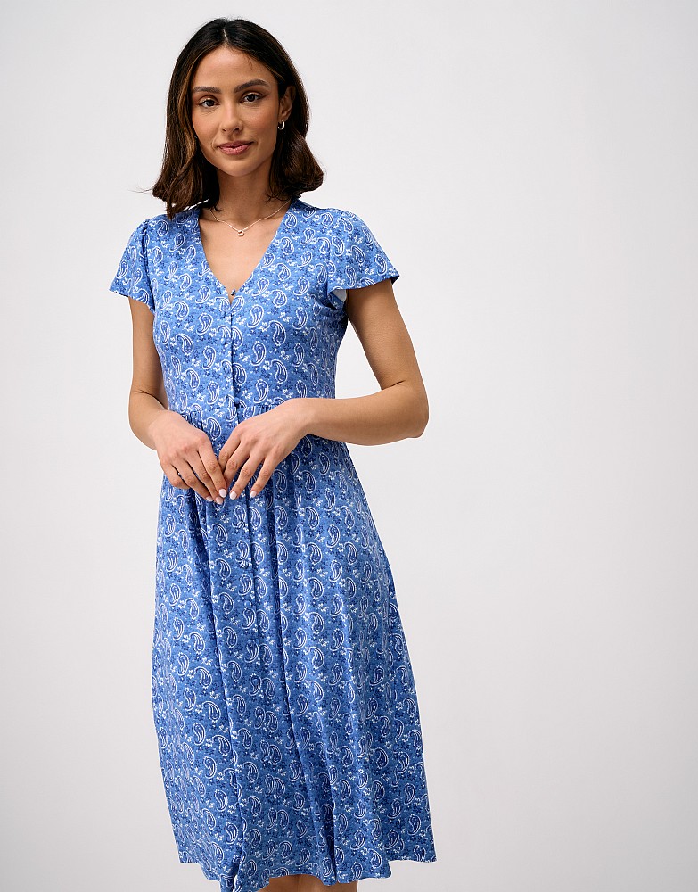 Alyssia Button Through Paisley Jersey Dress in Blue