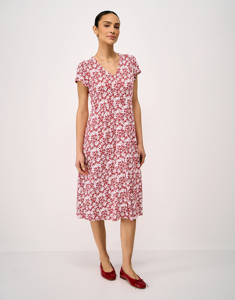 Alyssia Button Through Floral Jersey Dress in Red