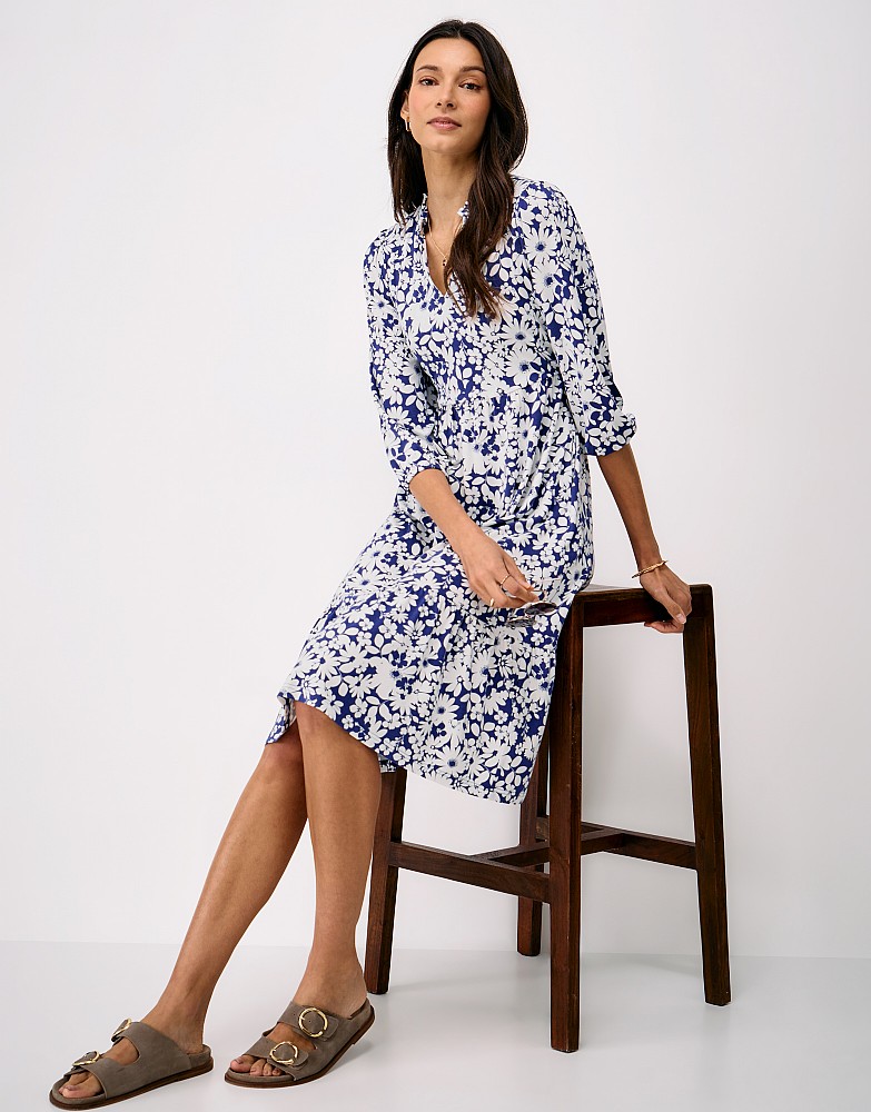 Olivia Tiered Jersey Dress in Navy and White Floral