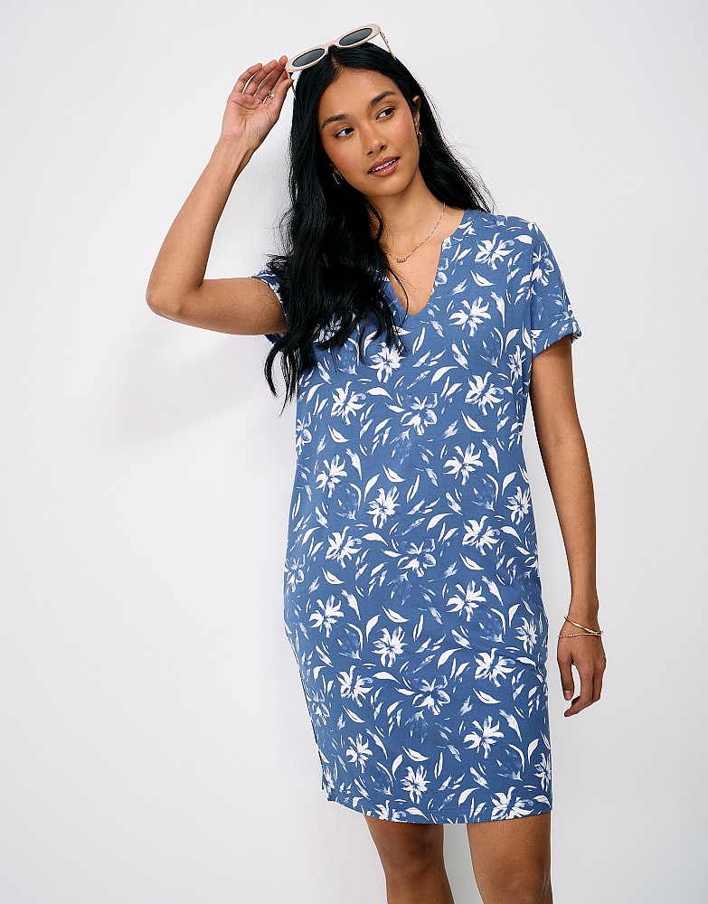 Notch Neck Jersey Dress in Blue and White Floral Print