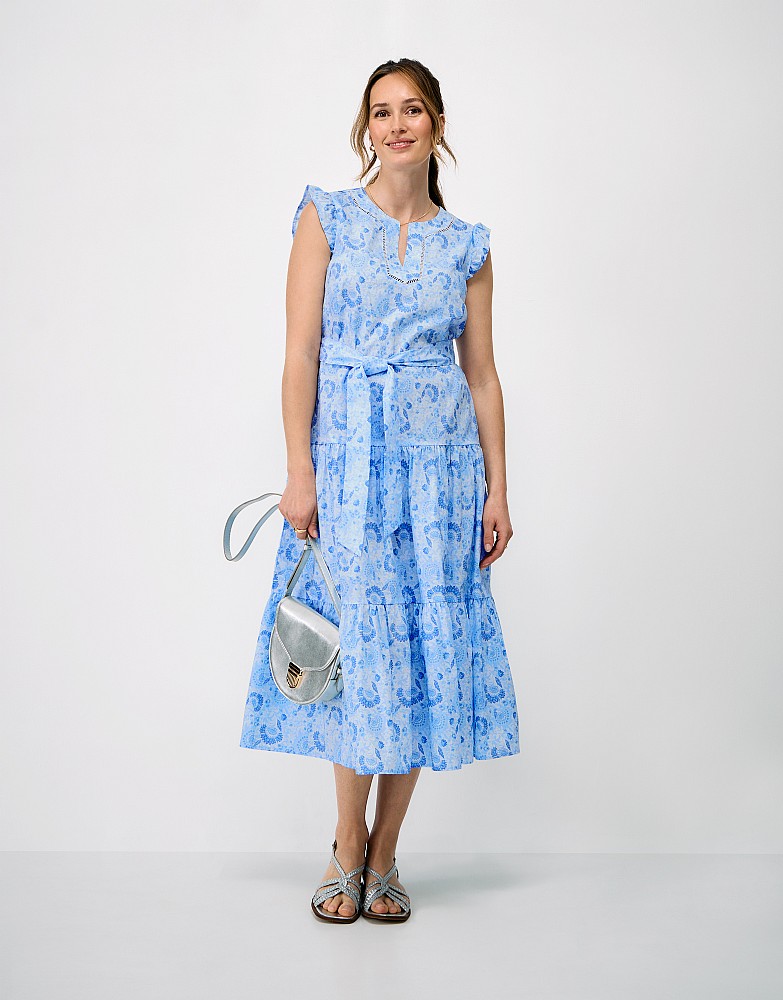 Stephanie Tiered Cotton Poplin Dress in Blue and White Floral