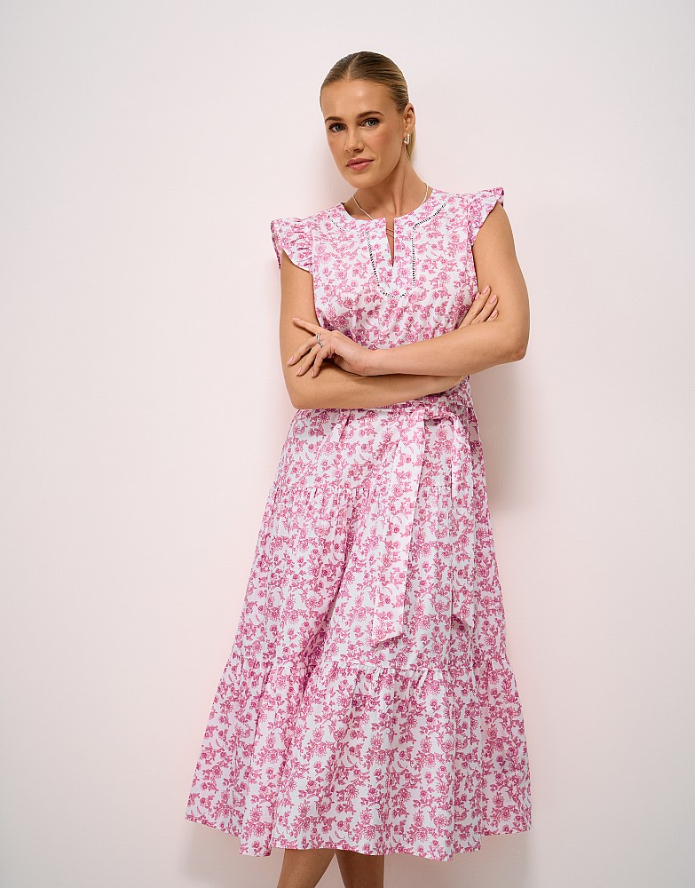 Stephanie Tiered Cotton Poplin Dress in Pink and White Floral