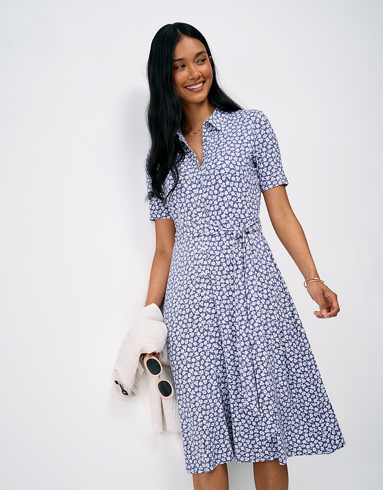 Emma Jersey Ditsy Floral Short Sleeve Dress in Blue