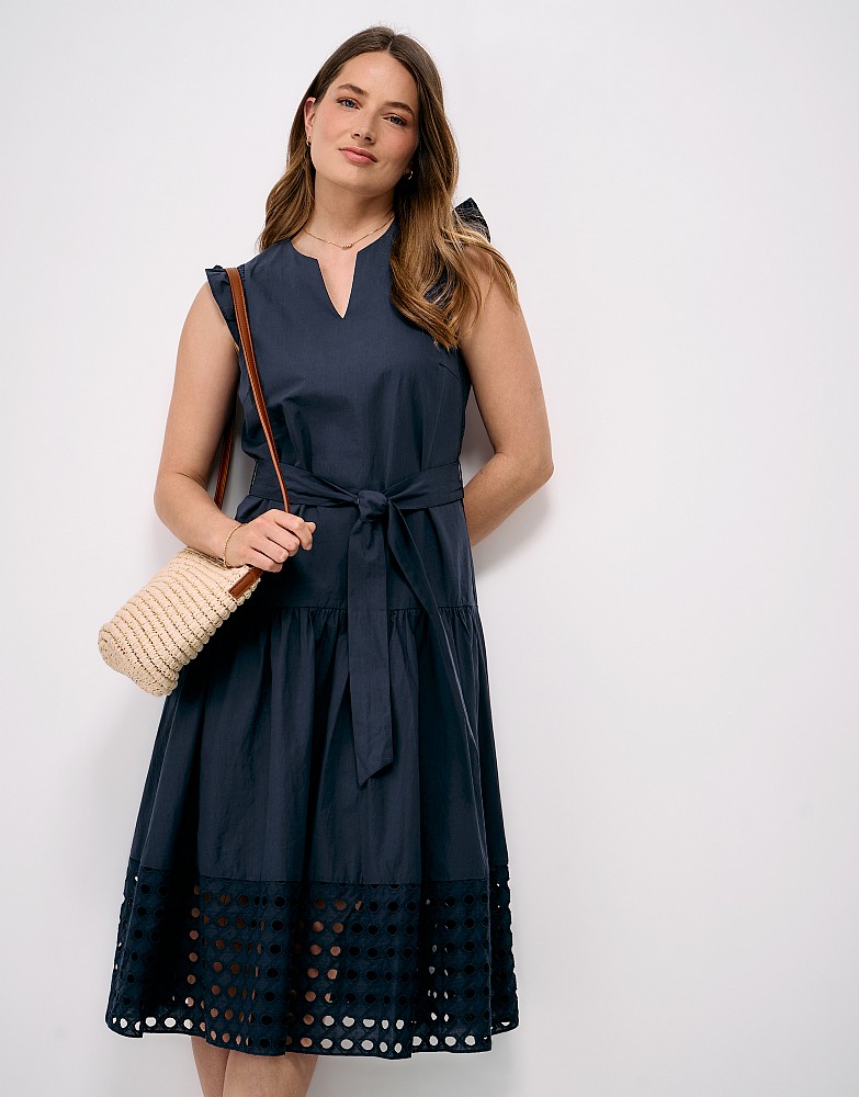 Tiered Cotton Poplin Dress in Navy