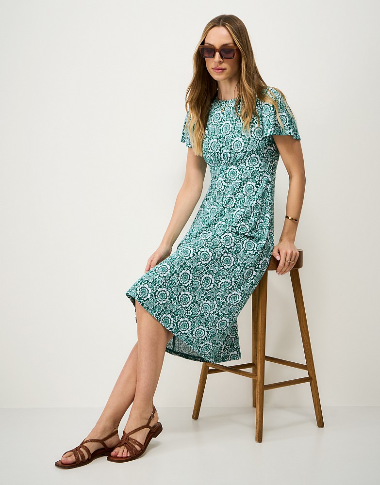Jenna Flutter-Sleeve Jersey Dress in Green Floral Print