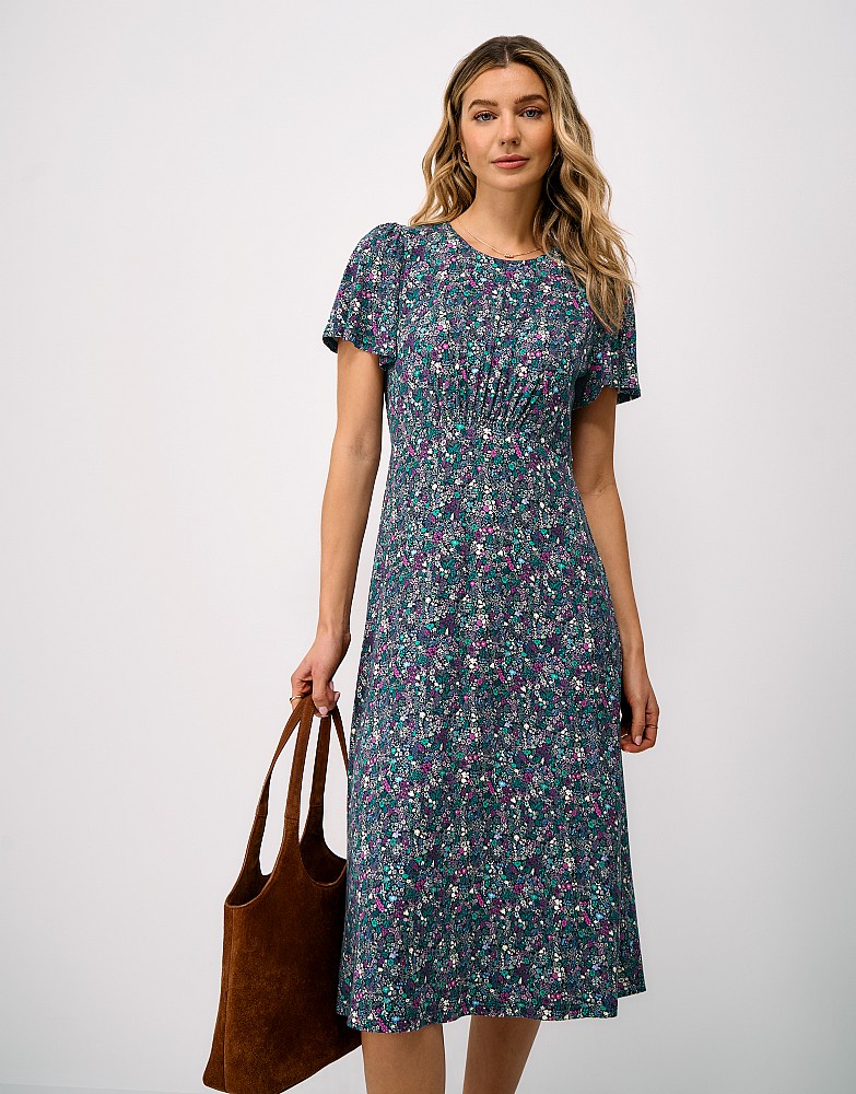 Jenna Flutter-Sleeve Jersey Dress in Navy Meadow Print