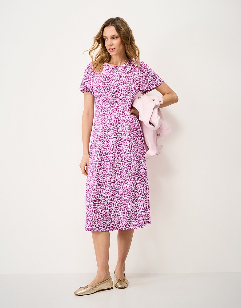 Jenna Flutter-Sleeve Jersey Dress in Pink Floral Print