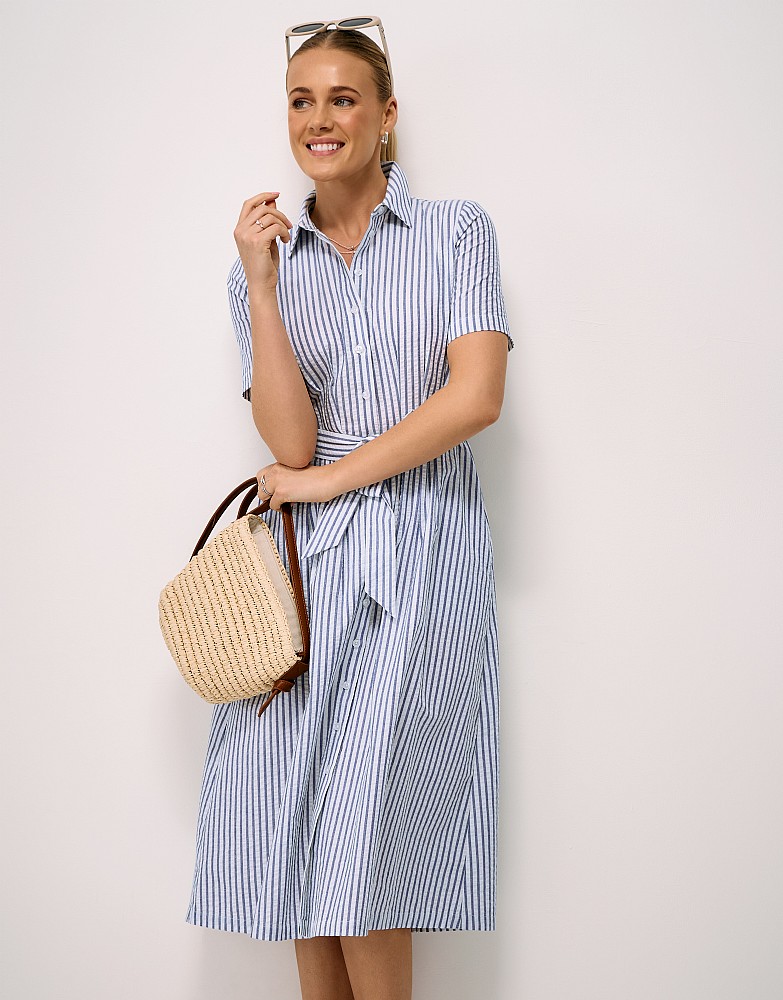 Fearne Cotton Seersucker Midi Shirt Dress in Blue & White