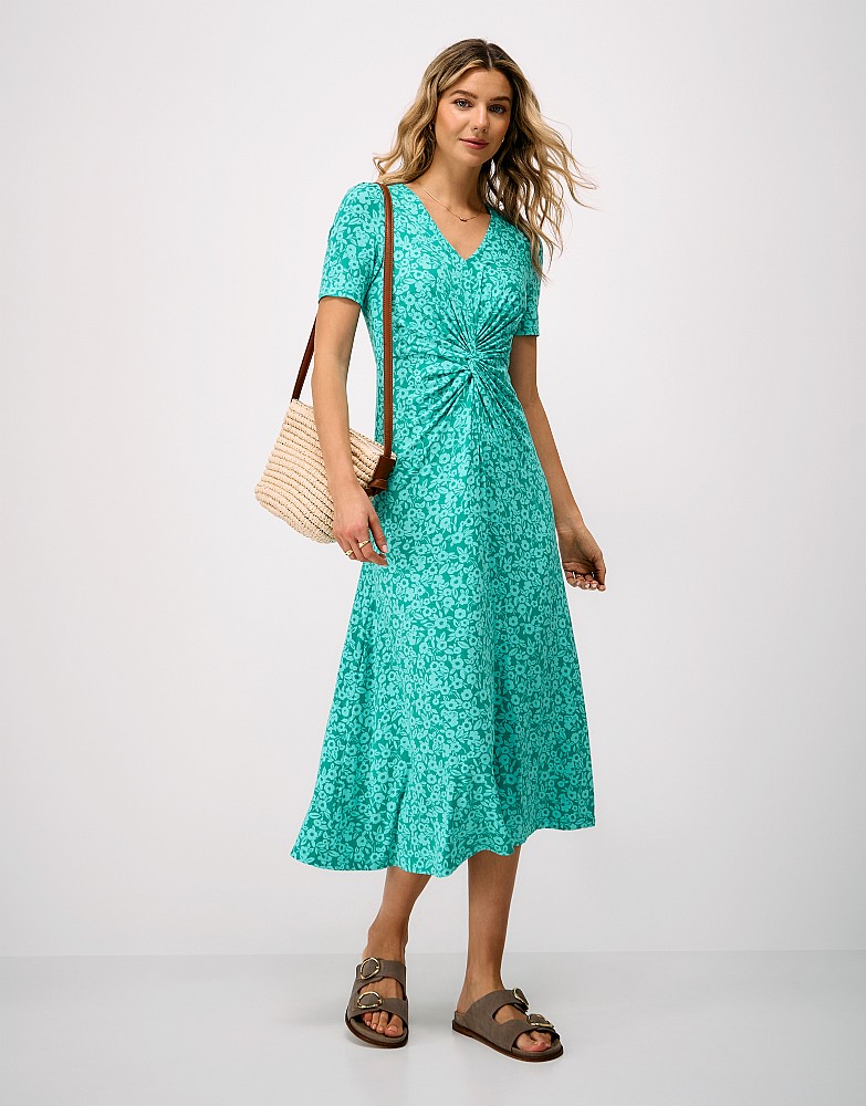 Flora Short Sleeve Jersey Dress in Green Ditsy