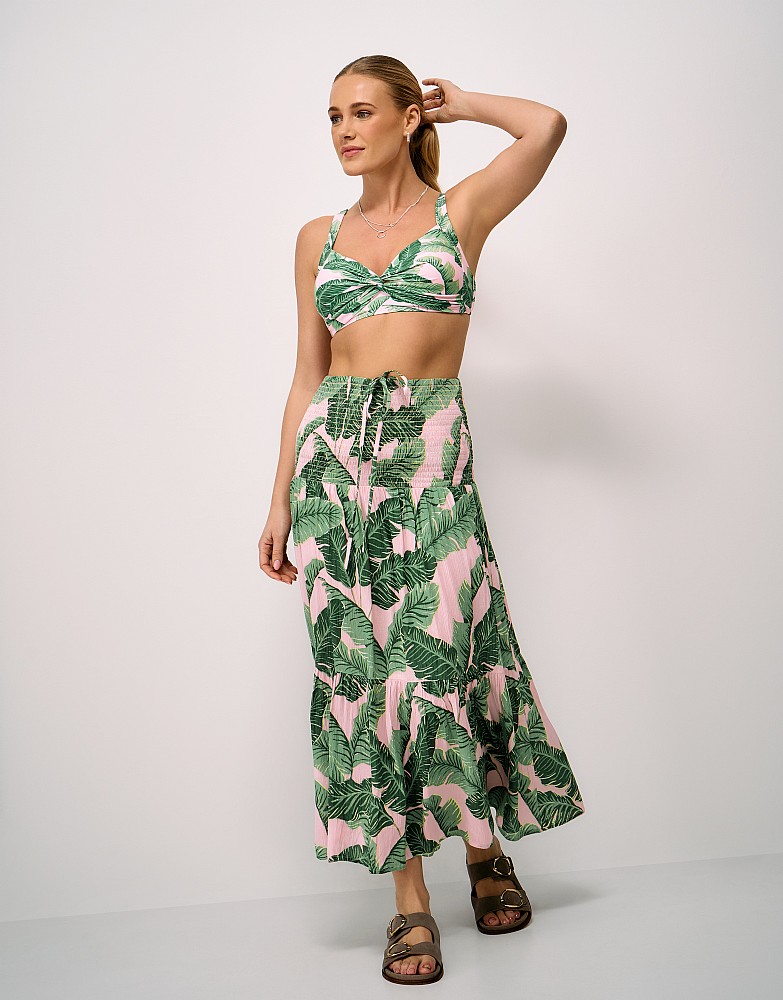 Palm Tree Printed Twist Front Bikini Top in Green and Pink