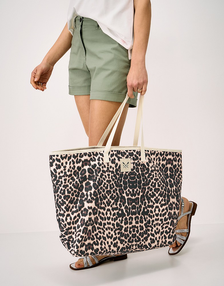 Oversized Canvas Beach Bag in Beige Leopard Print