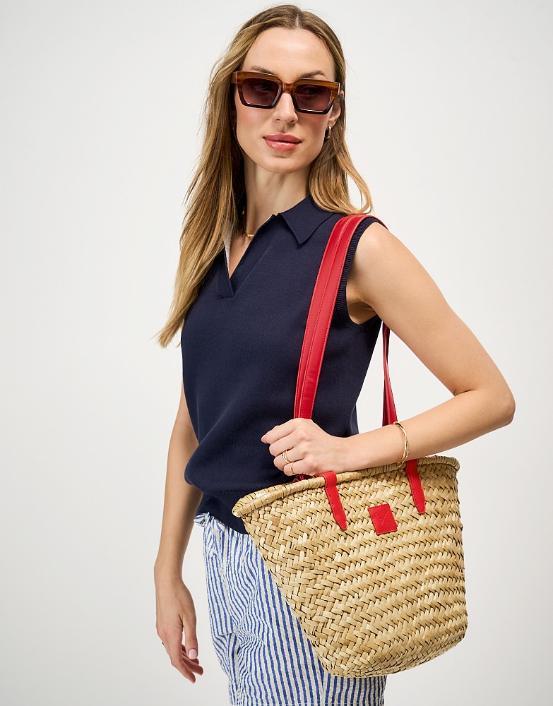 Straw Basket Bag in Neutral and Red