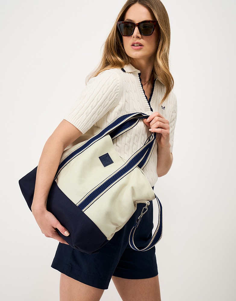 Canvas Holdall Tote in White and Navy