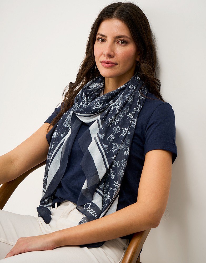 Modal Tropical Palm Print Scarf in Navy and White