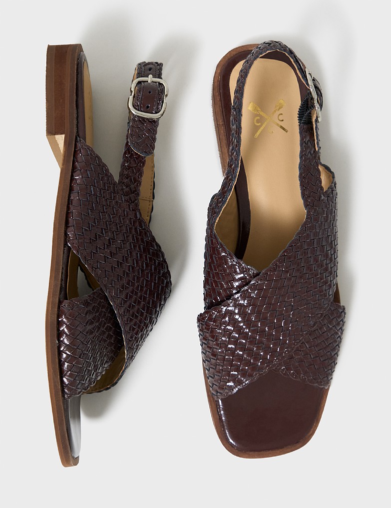 Woven Leather Cross-Over Sandals in Burgundy