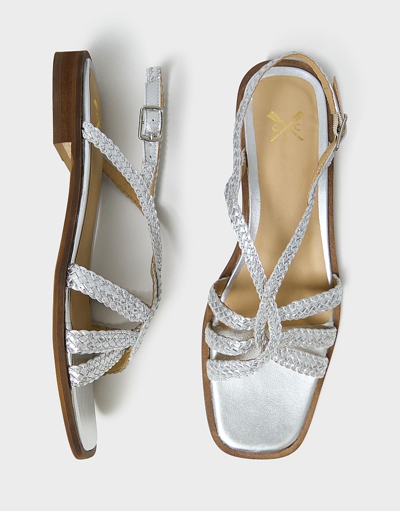 Woven Leather Strappy Sandals in Silver