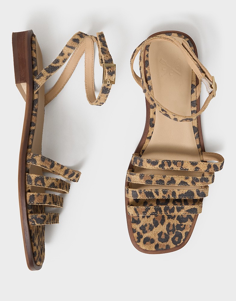 Strappy Ankle Strap Sandals in Leopard Print Suede