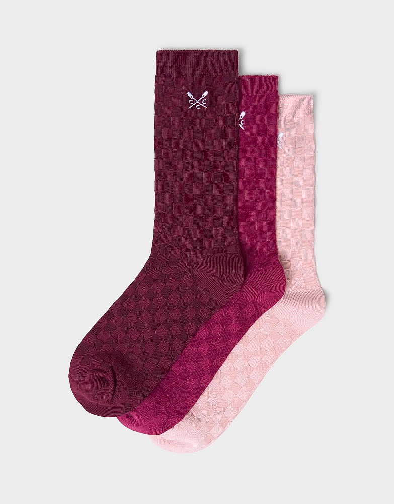 3 Pack Bamboo Sock in Pink Chequerboard Knit