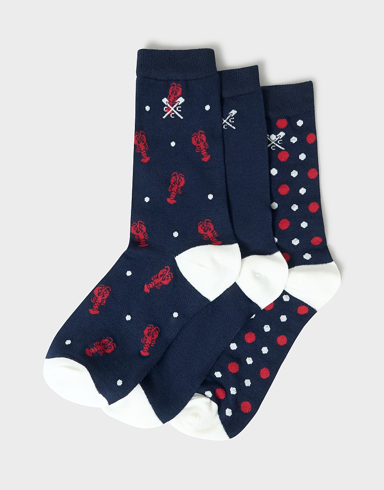 3-Pack Bamboo Socks in Navy Dot & Lobster Print
