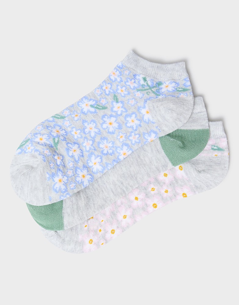 3-Pack Bamboo Trainer Socks in Grey Daisy Print