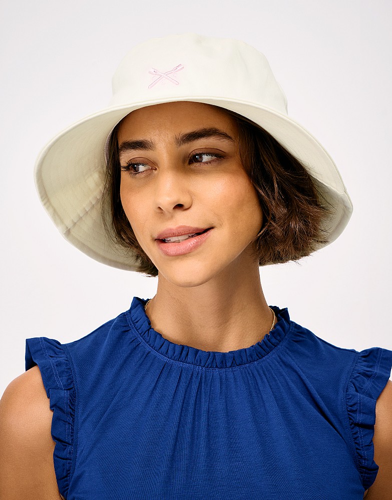Embroidered Twill Bucket Hat in White