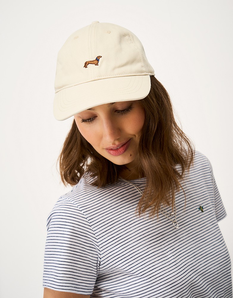 Embroidered Cotton Dachshund Cap in Ecru