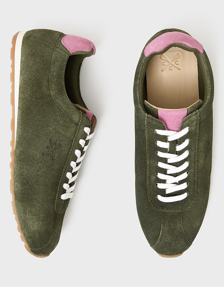 Suede Leather Slim Trainer in Olive Green