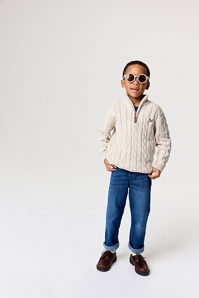 Cotton Cable Knit Half Zip Jumper in Beige