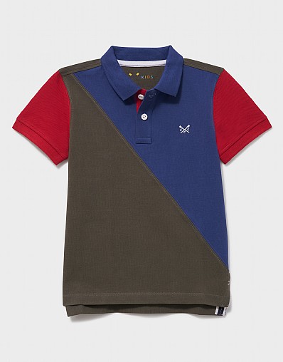 Spliced Cotton Cut-and-Sew Polo Shirt in Green, Blue & Red