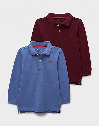 2-Pack Cotton Long-Sleeve Polo Shirts in Blue & Burgundy