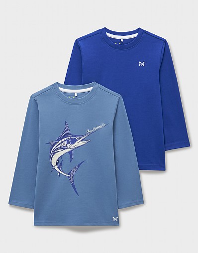 2-Pack Cotton Long-Sleeve Graphic & Plain Tees in Blue