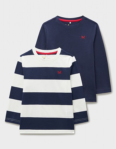 2-Pack Cotton Stripe & Plain Tees in Dark Blue & White