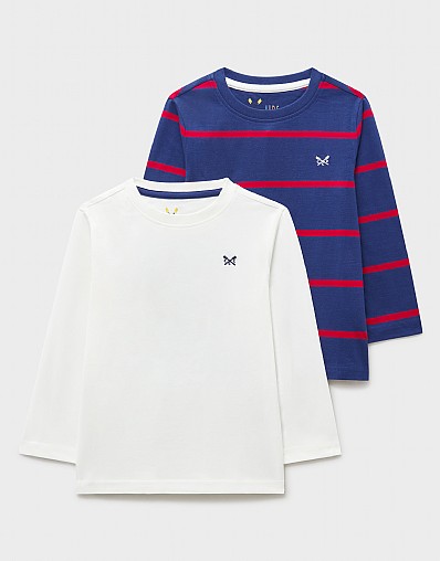 2-Pack Cotton Stripe & Plain Tees in Blue, Red & White