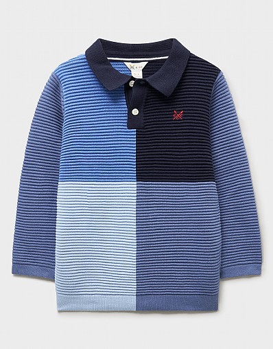 Ottoman Knit Long Sleeved Rugby Polo Shirt in Blue