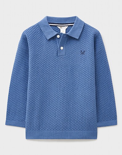 Reverse Check Long Sleeved Knitted Polo Shirt in Blue