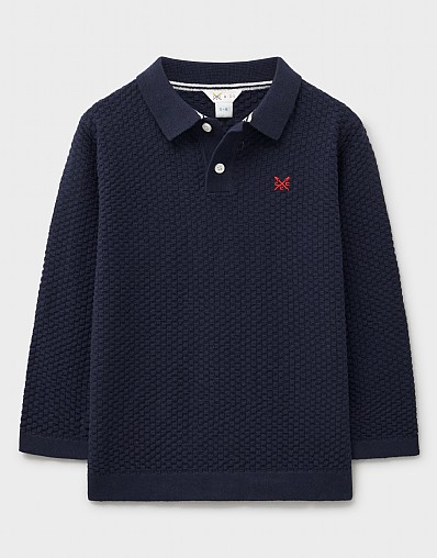 Reverse Check Long Sleeved Knitted Polo Shirt in Navy